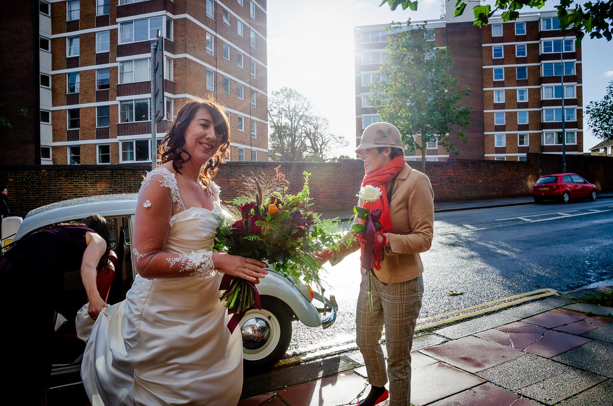 Lou arrives at St Michaels Church in Brighton before her wedding to Jon.