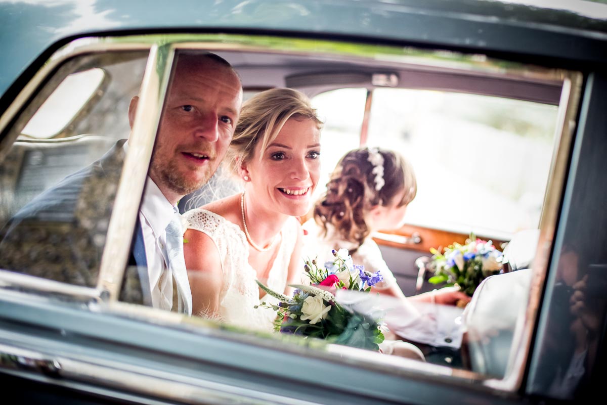 Emily and Richard arrive at Lewes Town Hall for the wedding in a vintage Rolls Royce.