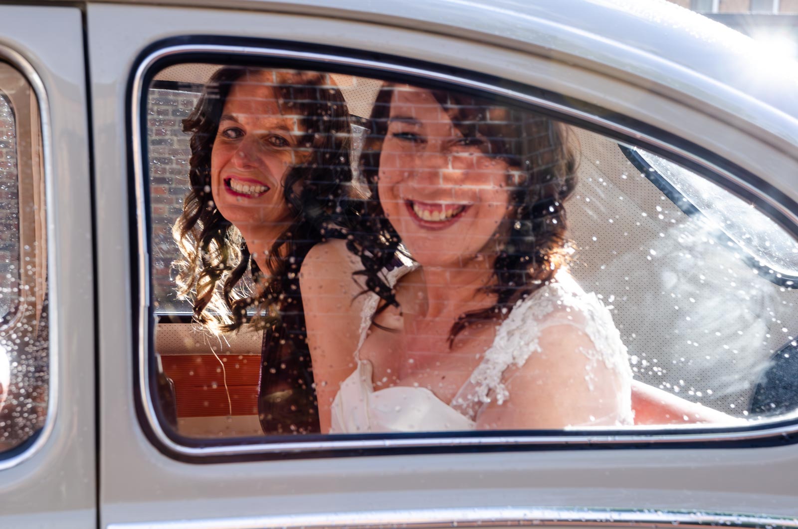 Lou arrives in a VW beetle at St Michaels Church in Brighton before her wedding to Jon.