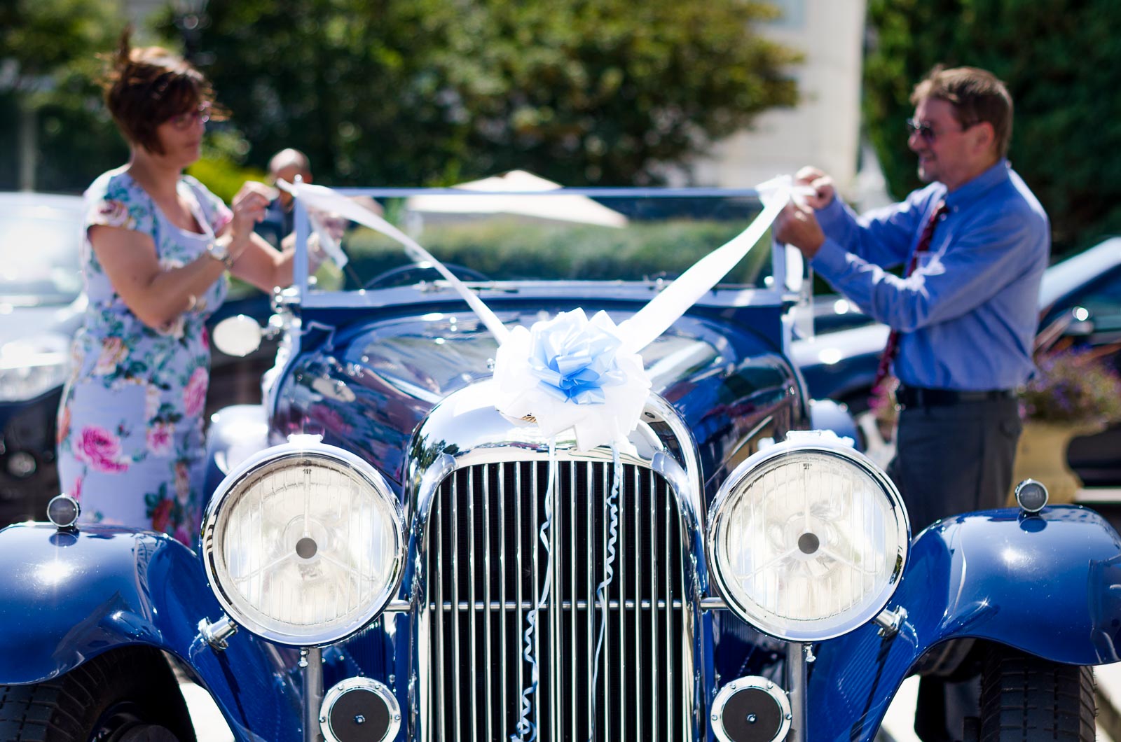 Donna and Andy's wedding car is decorated before their Wedding.