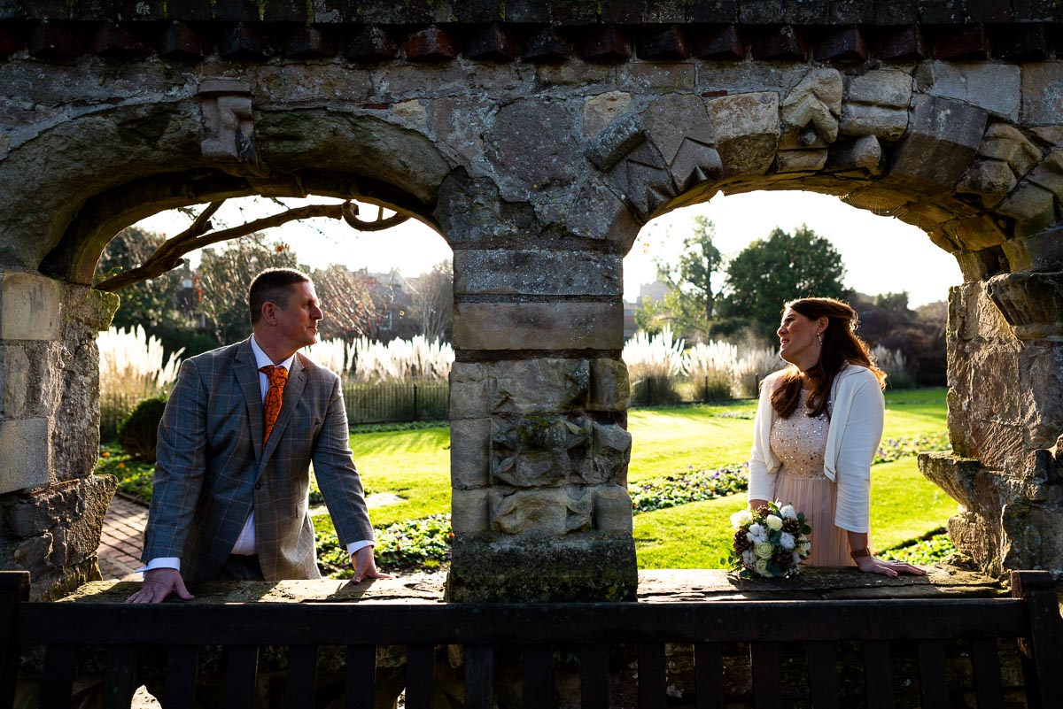 Grant and Jane pose in some of the fantastic arches in Southover Grange after their wedding in Lewes Register Office.