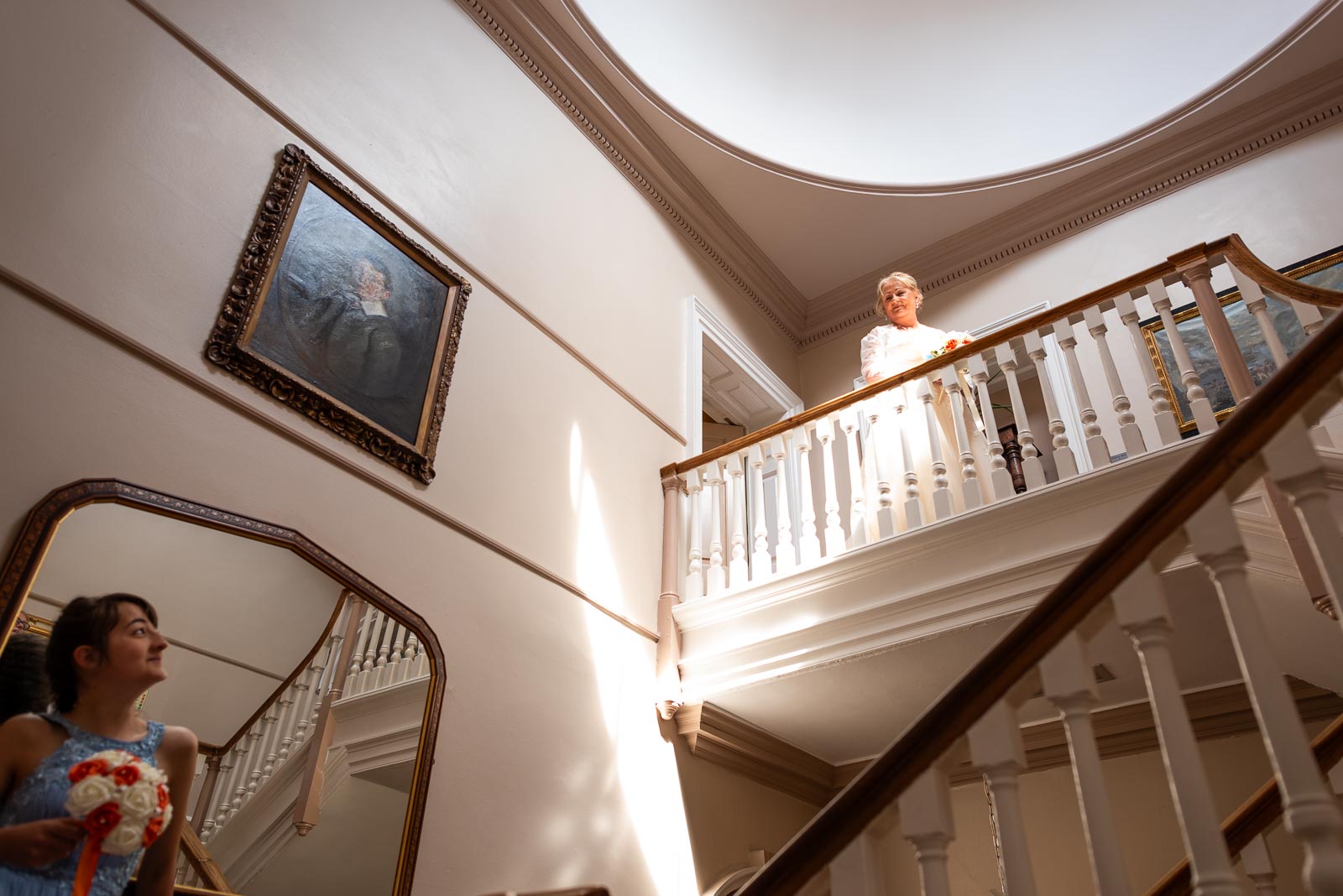 Wendy descends the stairs before her wedding to Jason at The Shelley's Hotel in Lewes.