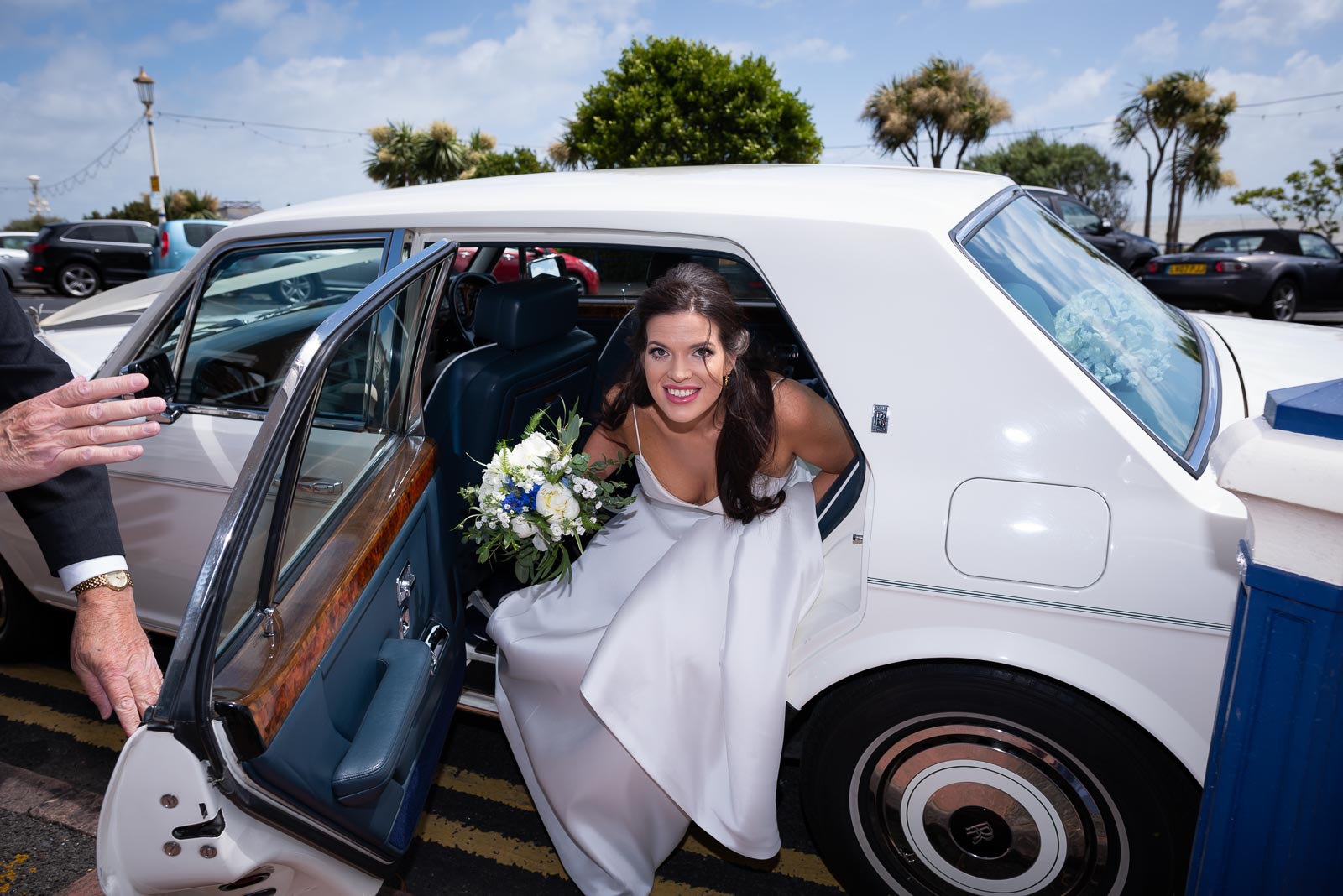 Jane arrives in a white Rolls Royce before her wedding to Ally at Grand Hotel, Eastbourne.
