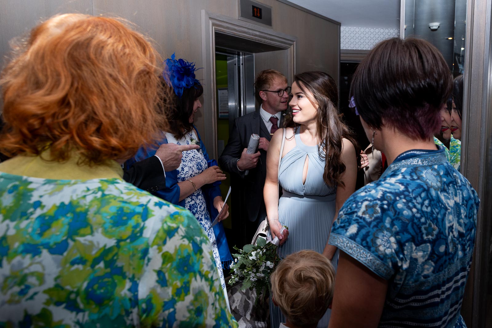 Wedding guests greet eachother at Grand Hotel, Eastbourne before Ally and Jane's Wedding.