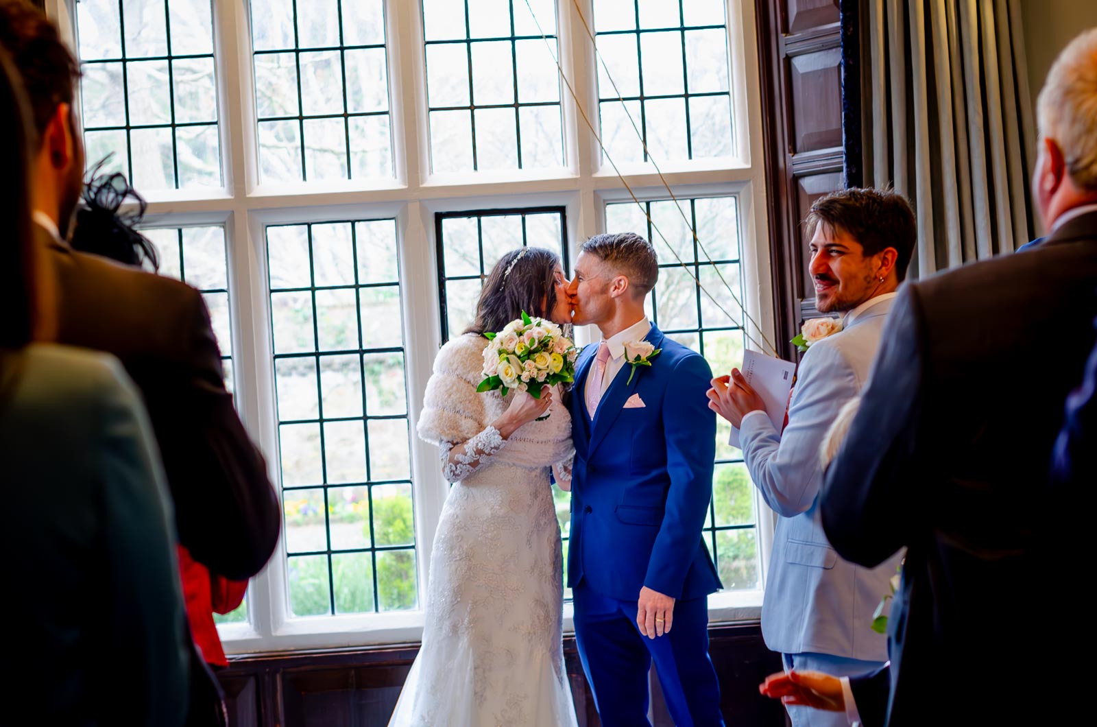 Virginia and Simon embrace after becoming husband and wife in the Ainsworth Room, Lewes Register Office.