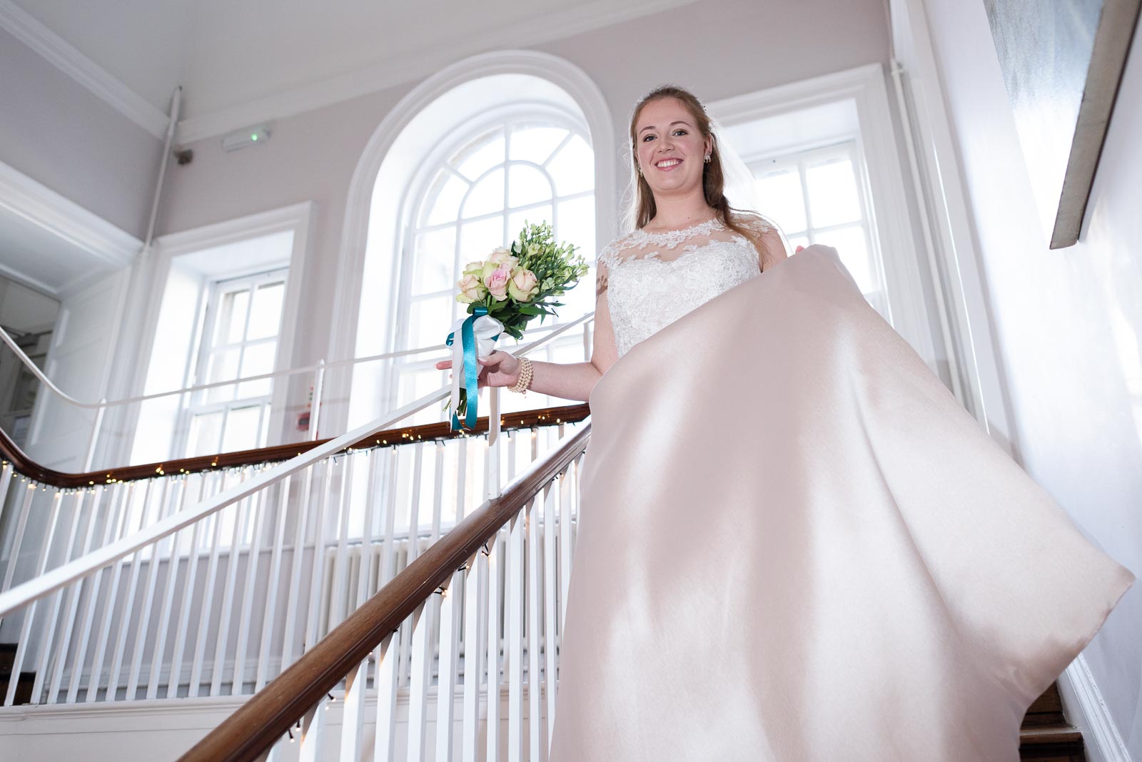 Belinda descends the stairs at Pelham House, Lewes before her wedding to Chris.