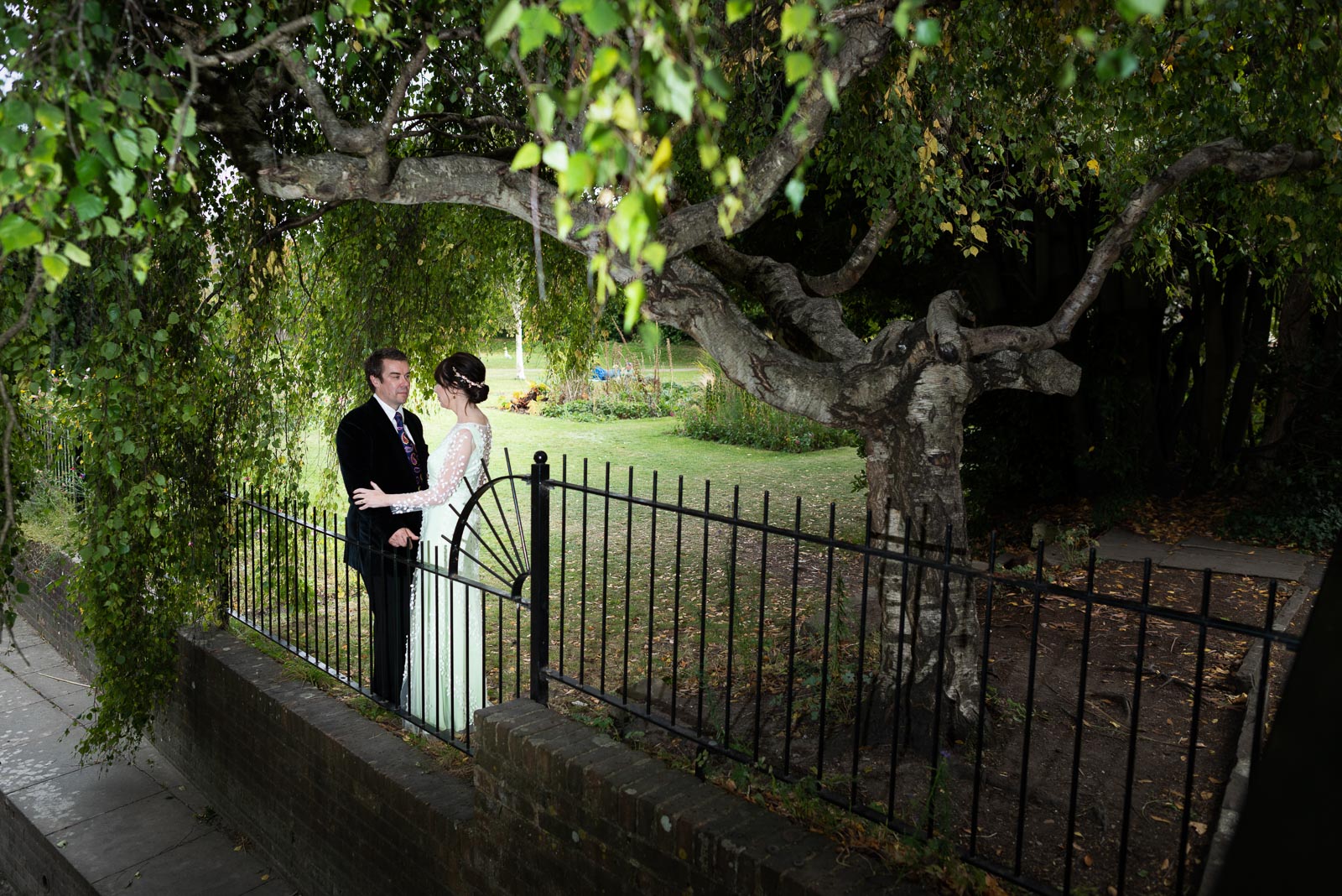 Fiona and Richard pose at Southover Grange in Lewes after their wedding.