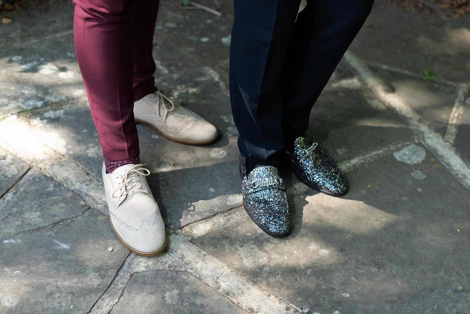 Ady and Jose show off their handsome footwear in Southover Grange after their wedding at Lewes Registry Office.