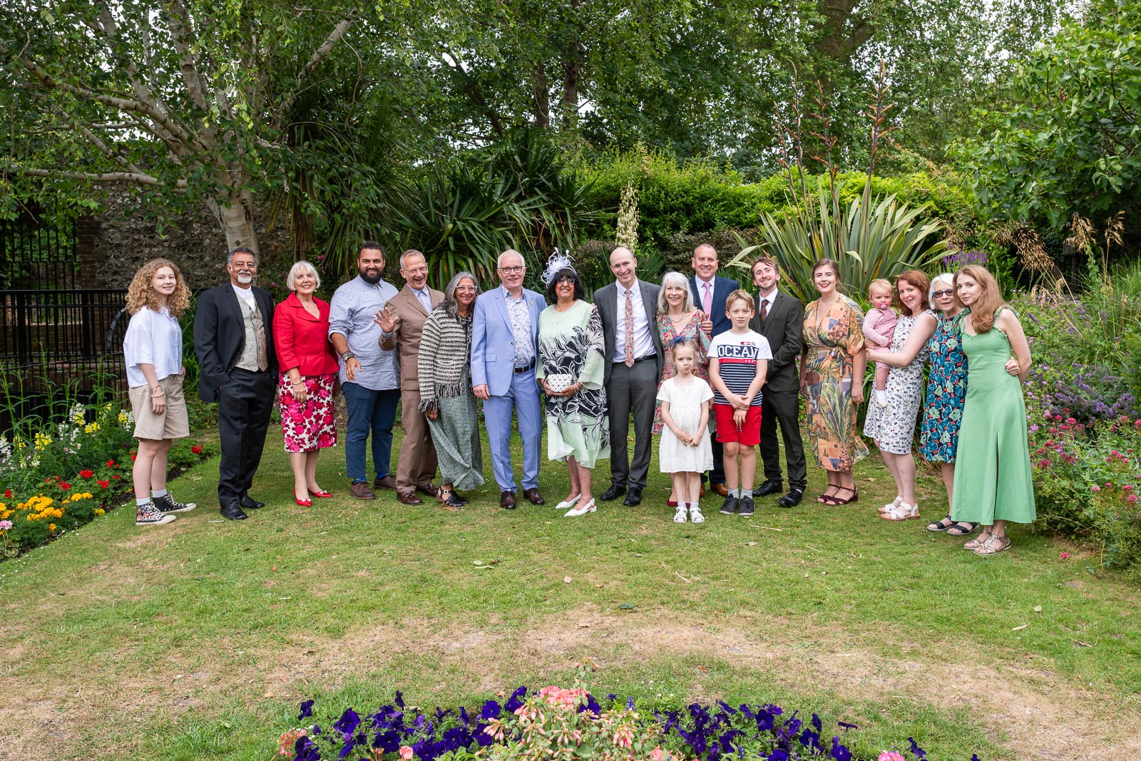 A huge group shot of Ashifa, Julian, their friends and family at Southover Grange in Lewes