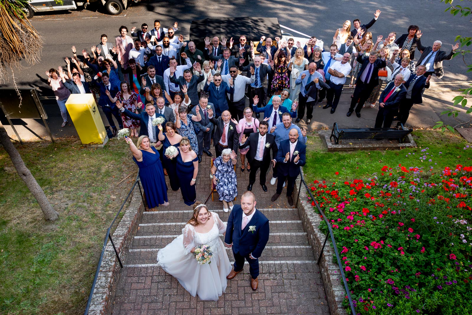 Catherine and Steve celebrate becoming husband a wife taken from the balcony at Haywards Heath Town Hall