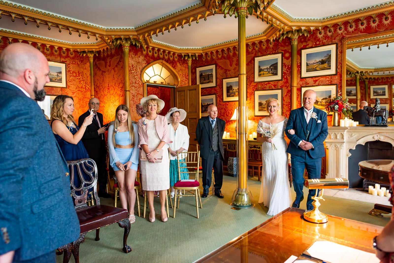 Georgina arrives in the Red Drawing Room at Brighton Royal Pavilion before her wedding to Andy.