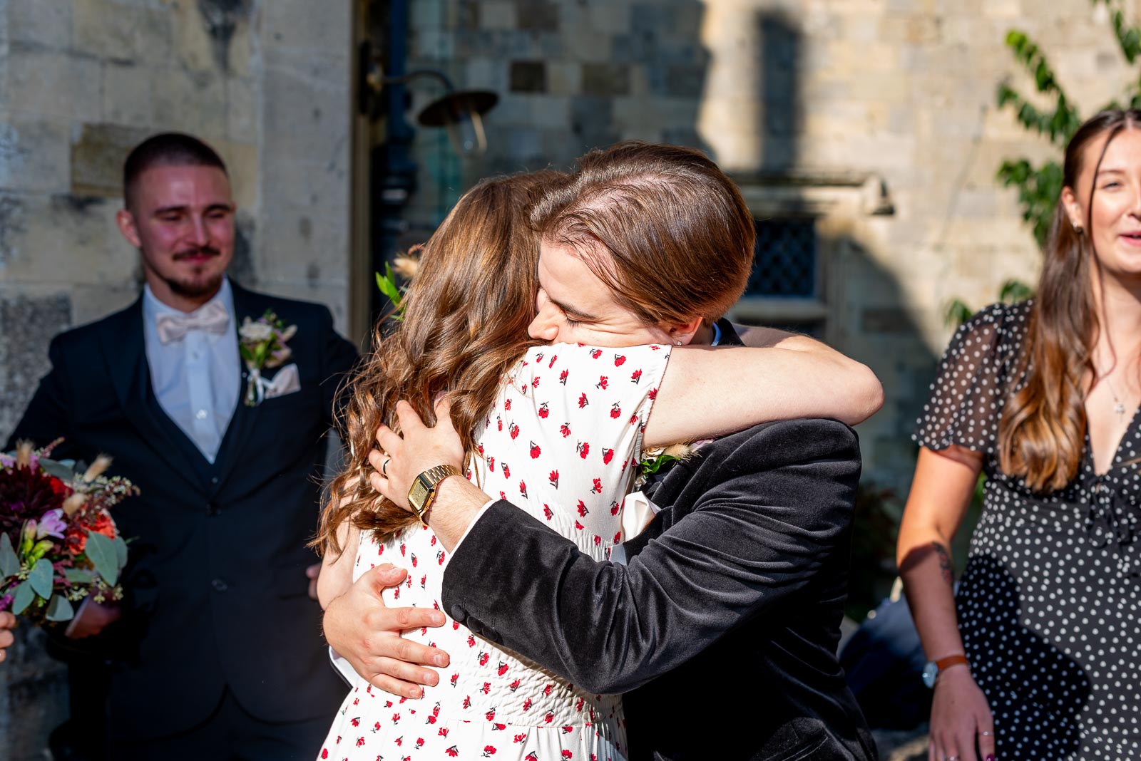 Laurance hugs his sister in Southover Grange, Lewes after his wedding.