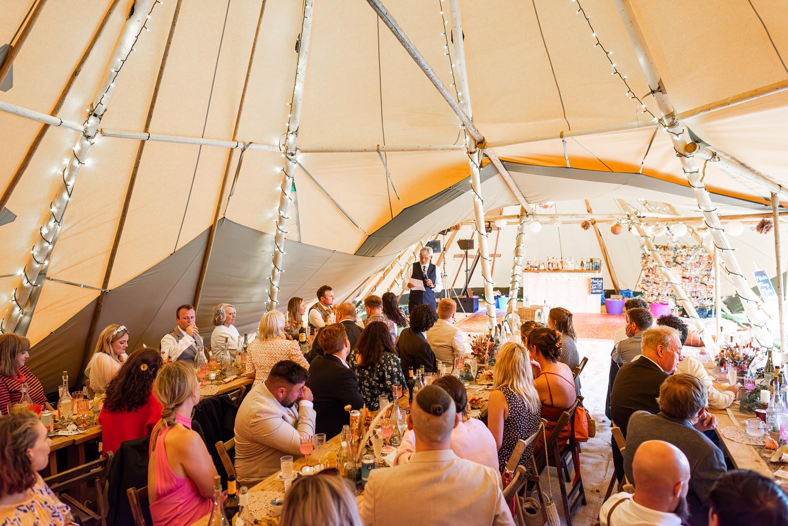 Eleanor's father starts the speeches following her wedding to Marc at the Party Field near Lewes. 