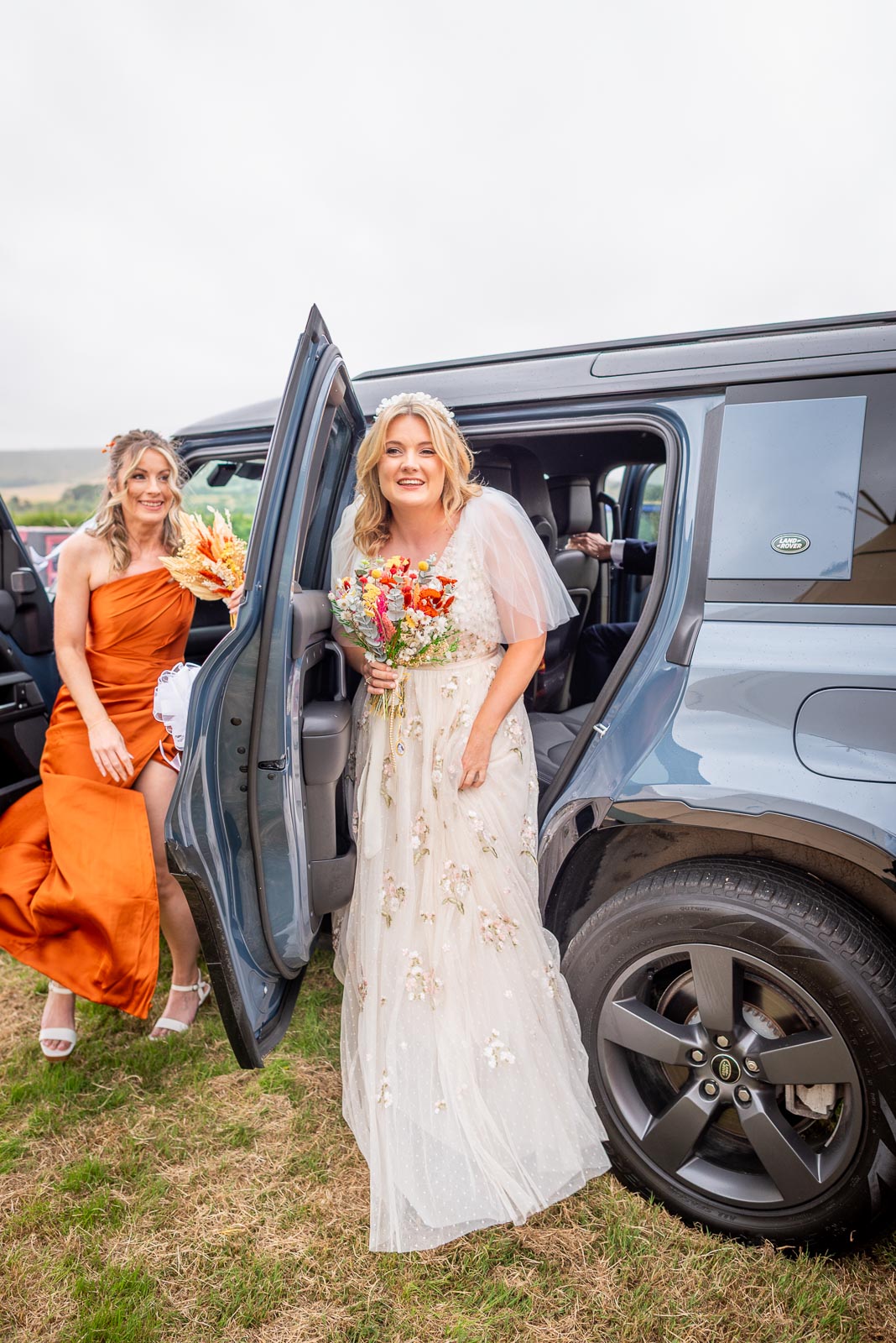 Eleanor arrives in style before her wedding to Marc at the Party Field near Lewes.