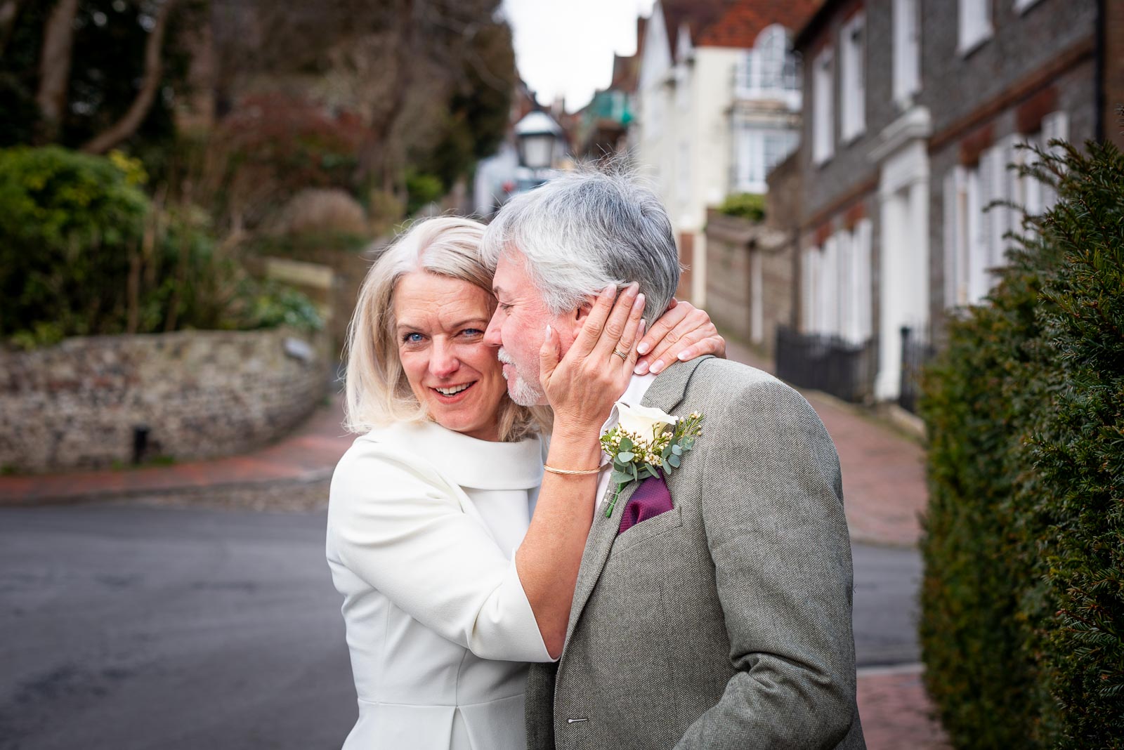 Jo greets Darren at the front of Lewes Registry Office before their wedding