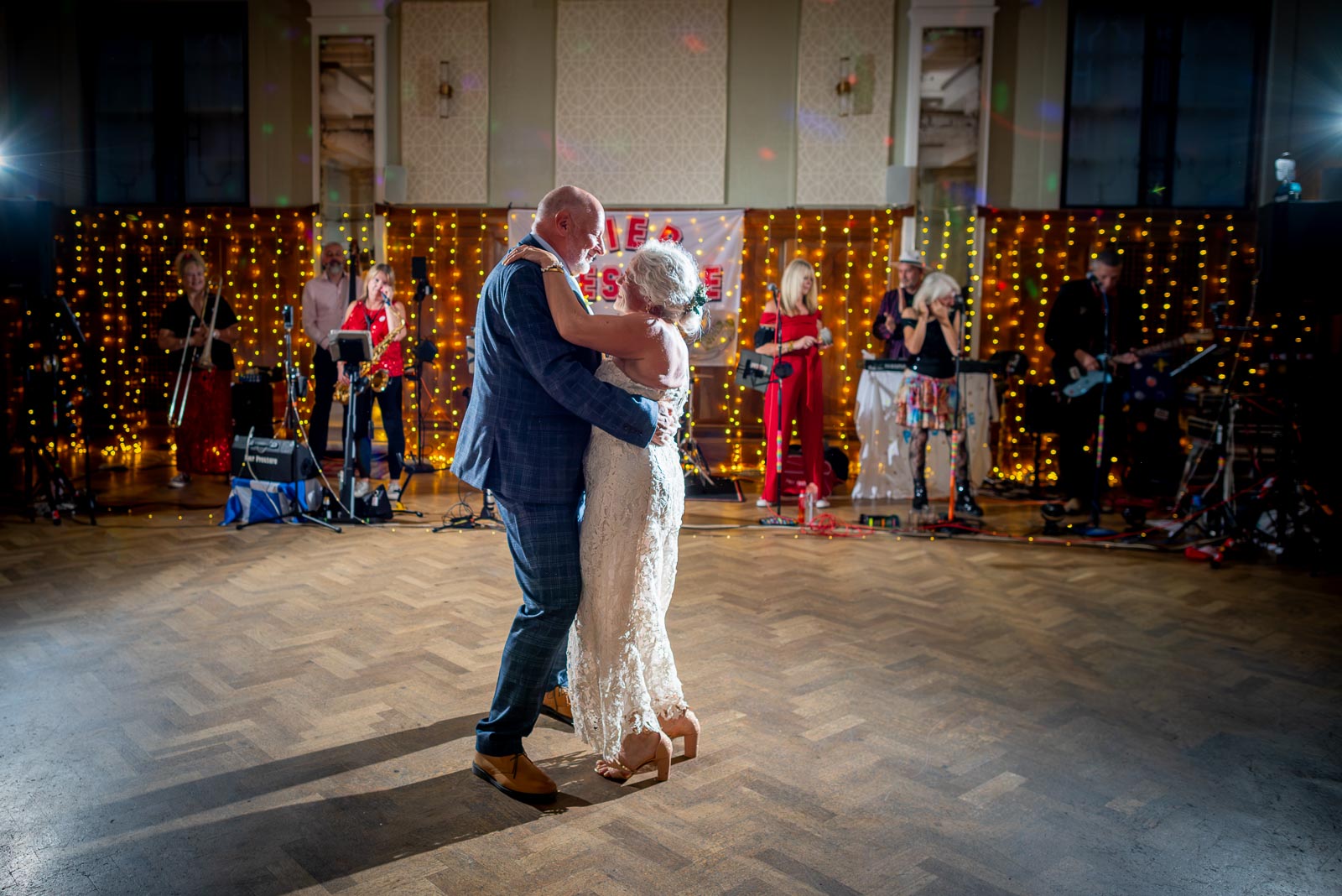 Karen and Hugh enjoy their first dance in the Blencowe Room at Pelham House in Lewes following their wedding. 