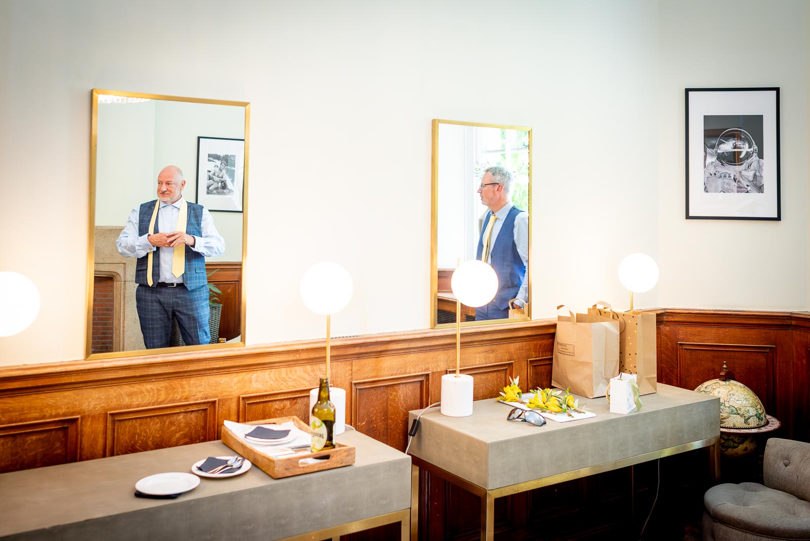 Hugh and his best man get ready before Hugh's wedding to Karen at Pelham House Hotel, Lewes.